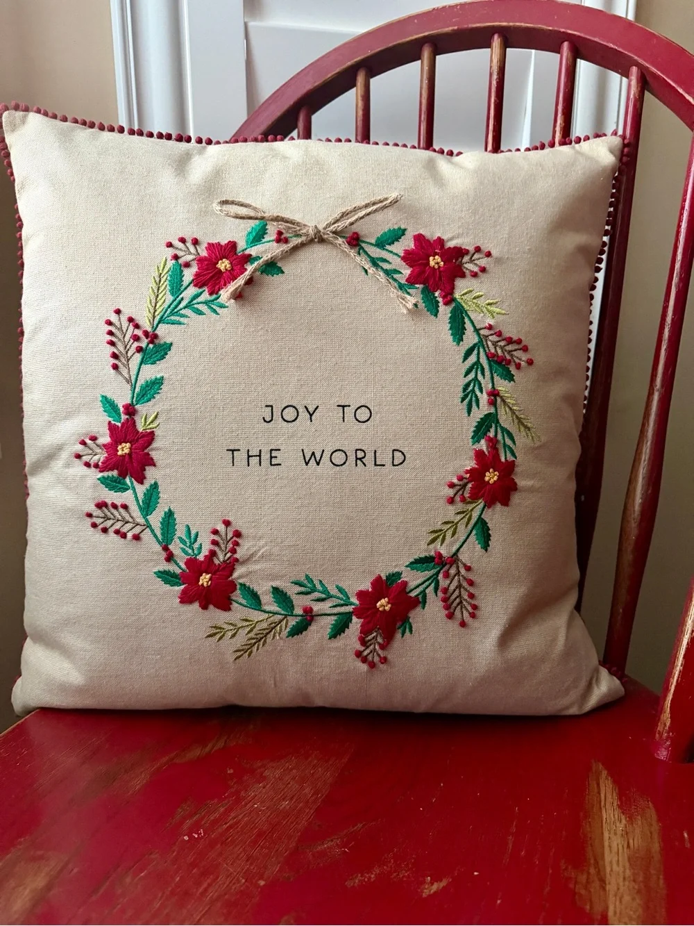 Mud Pie Christmas Embroidered Wreath Pillow 18x18 inches
